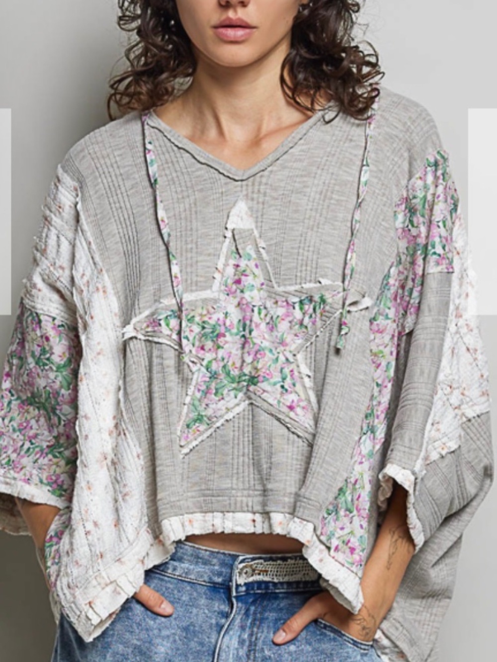NWT POL Gray  Floral Star Applique Flowy Hoodie Top